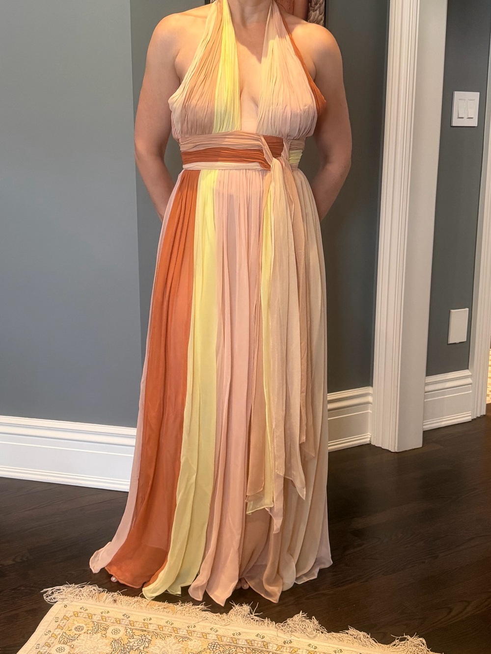 cinq a sept Halter Maxi Dress in Peach, Yellow & Terracotta